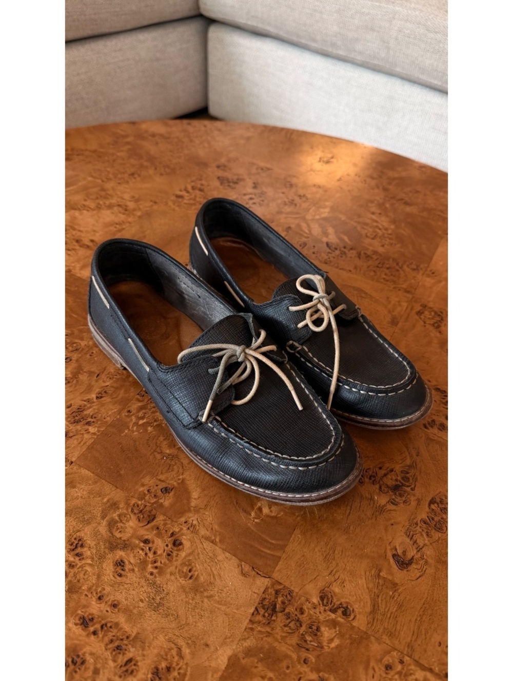 Sperry Black Leather Boat Shoes with Beige Laces